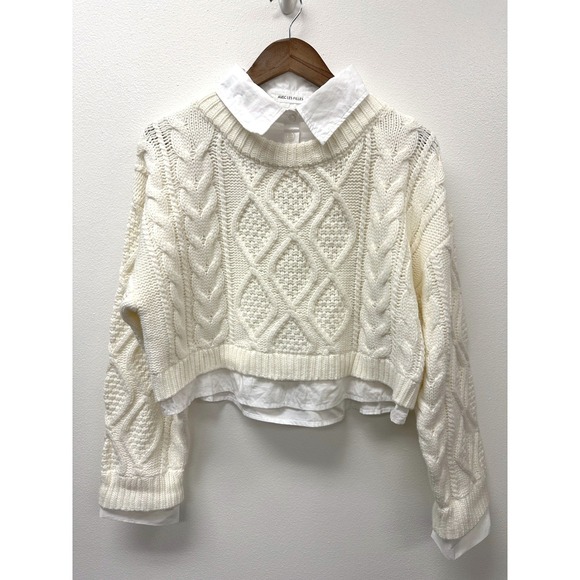 Avec Les Filles Sweaters - Avec Les Filles Cropped Layered Cable Knit Sweater Ivory M